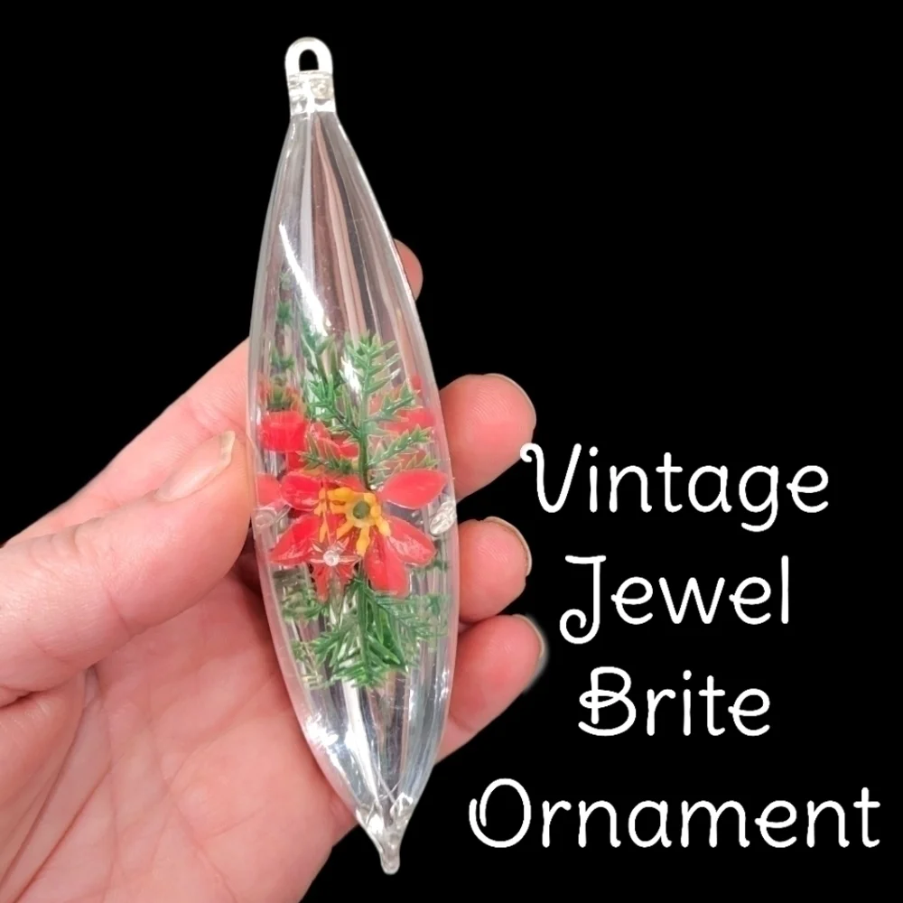 Vintage Jewel Brite Oblong poinsettia plastic diorama ornament